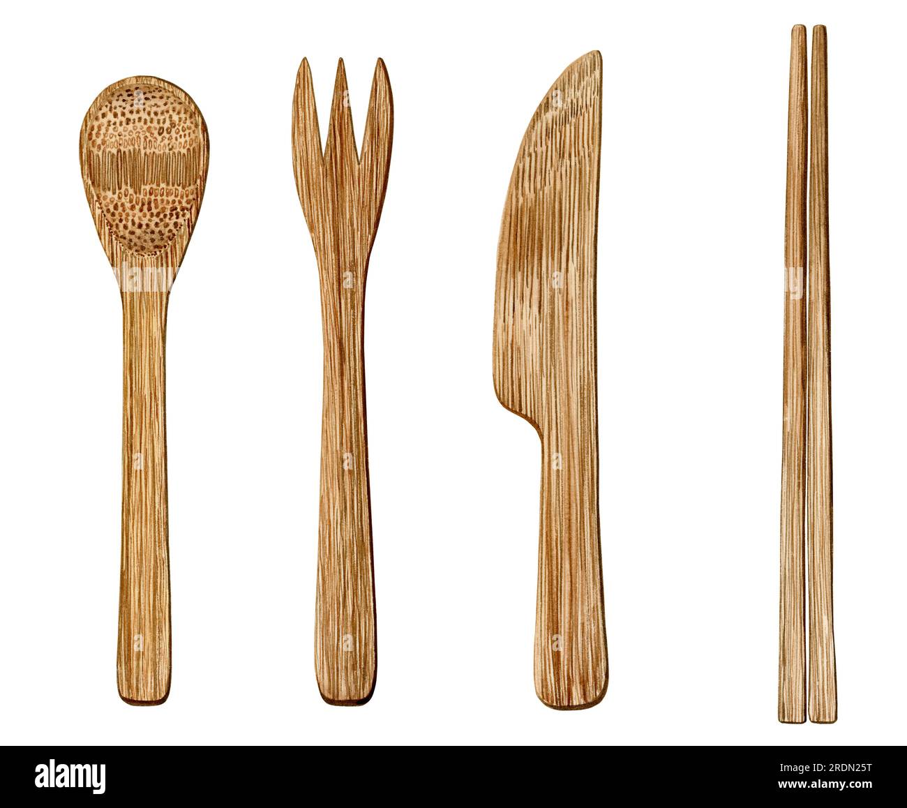Bamboo cutlery set of a spoon, a fork, a knife and chopsticks Stock