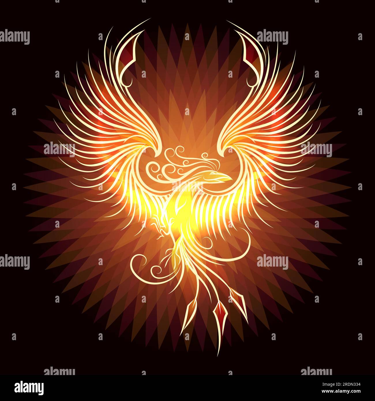 Fire Burning Phoenix Bird rising from ashes on Black Background. Vector illustration Stock Vector