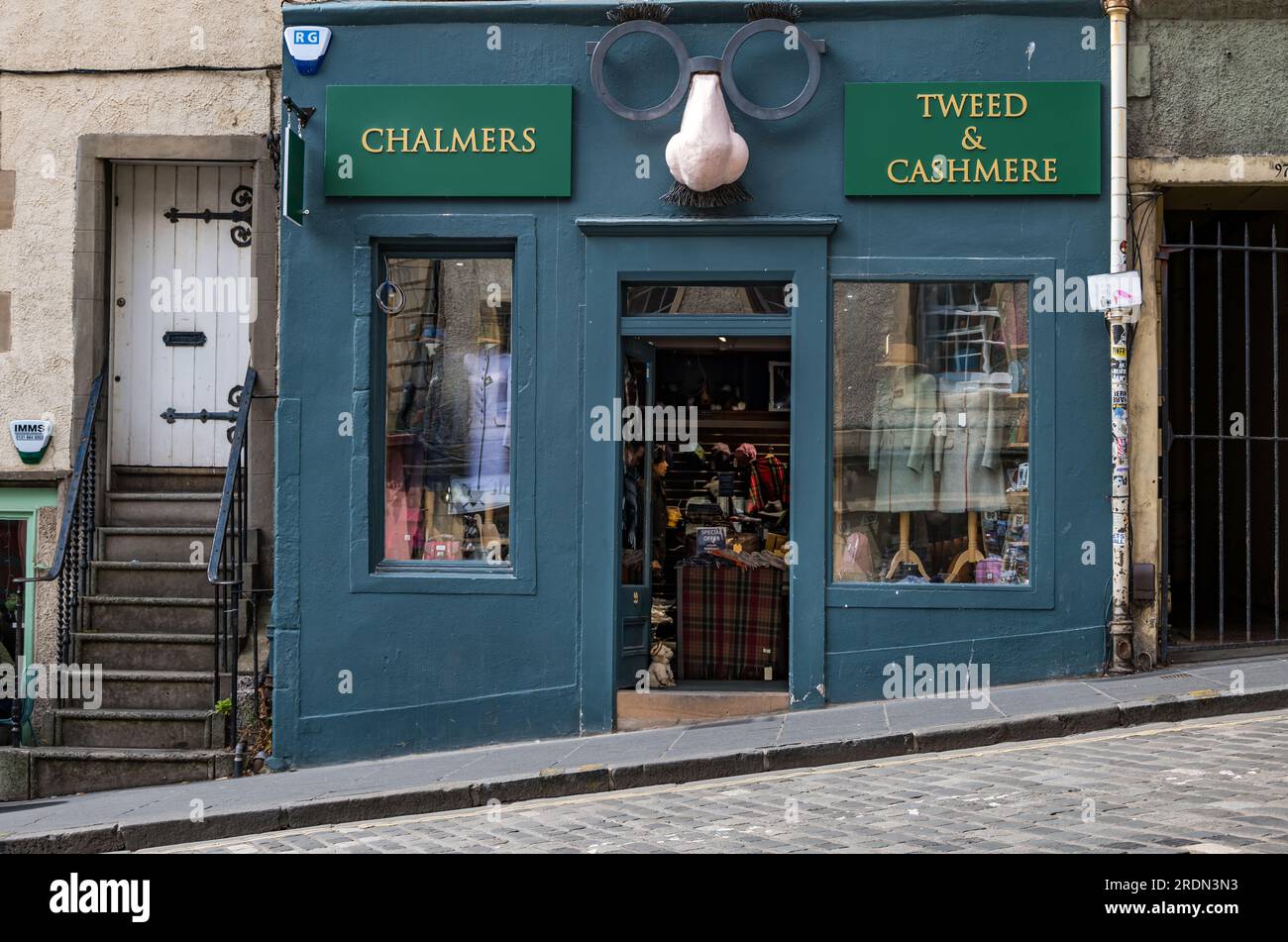 Quirky clothing shop front with joke glasses, Grassmarket, Edinburgh, Scotland, UK Stock Photo