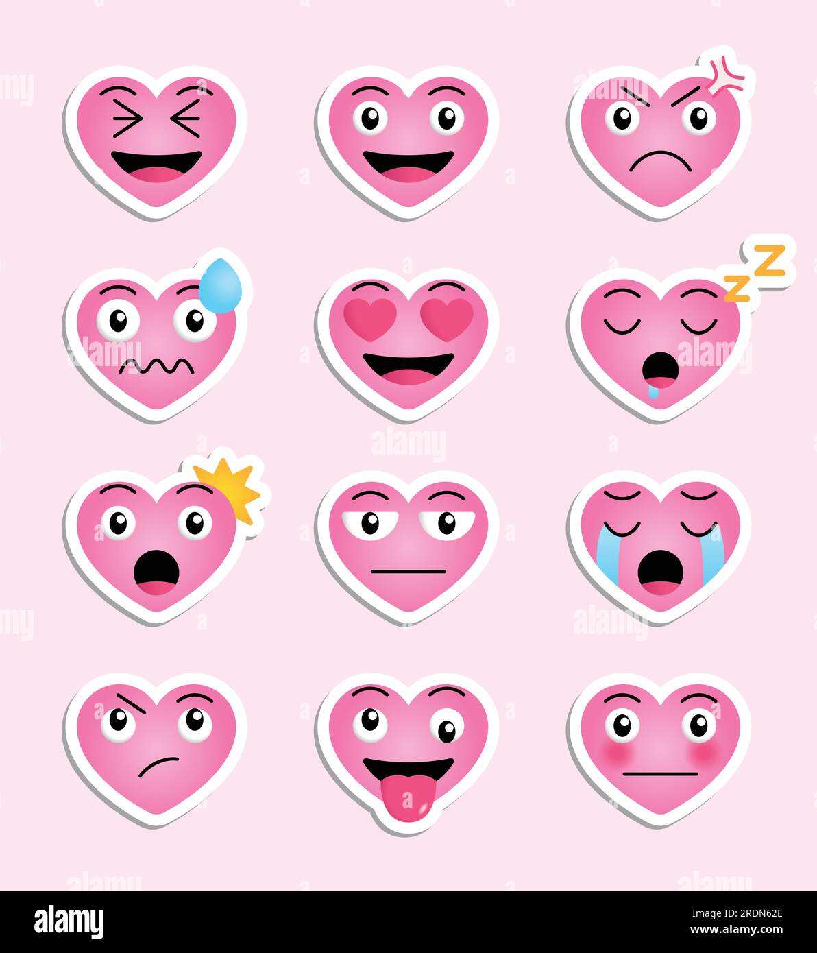 Cute heart feeling expression stickers. Set of cute heart vector stickers representing various feelings for design elements or emoticons and emojis. Stock Vector