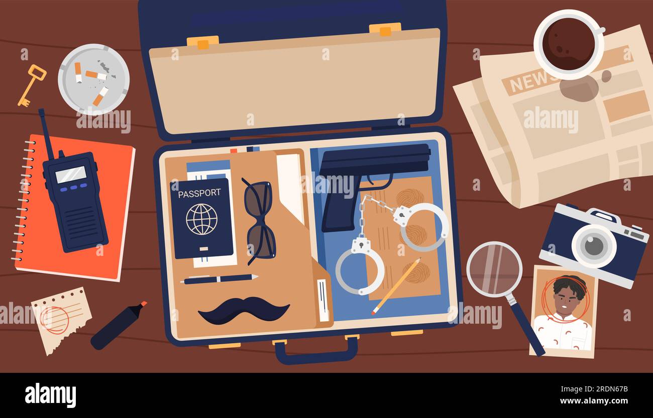 Open suitcase of detective or secret agent, top view vector illustration. Cartoon investigators desk with secret criminal files and gun, coffee and newspaper, lens to investigate mystery of crime Stock Vector