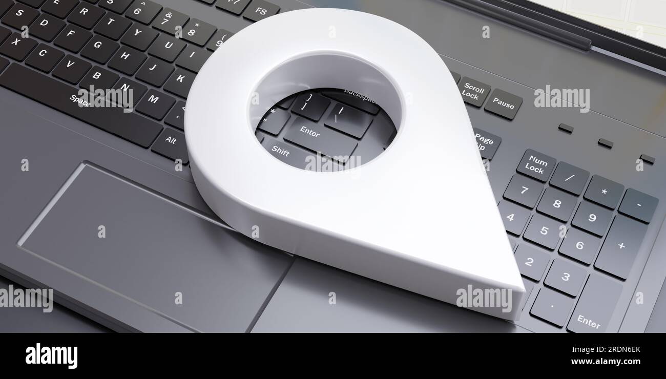 White map pointer icon on black computer keyboard. Online travel ...