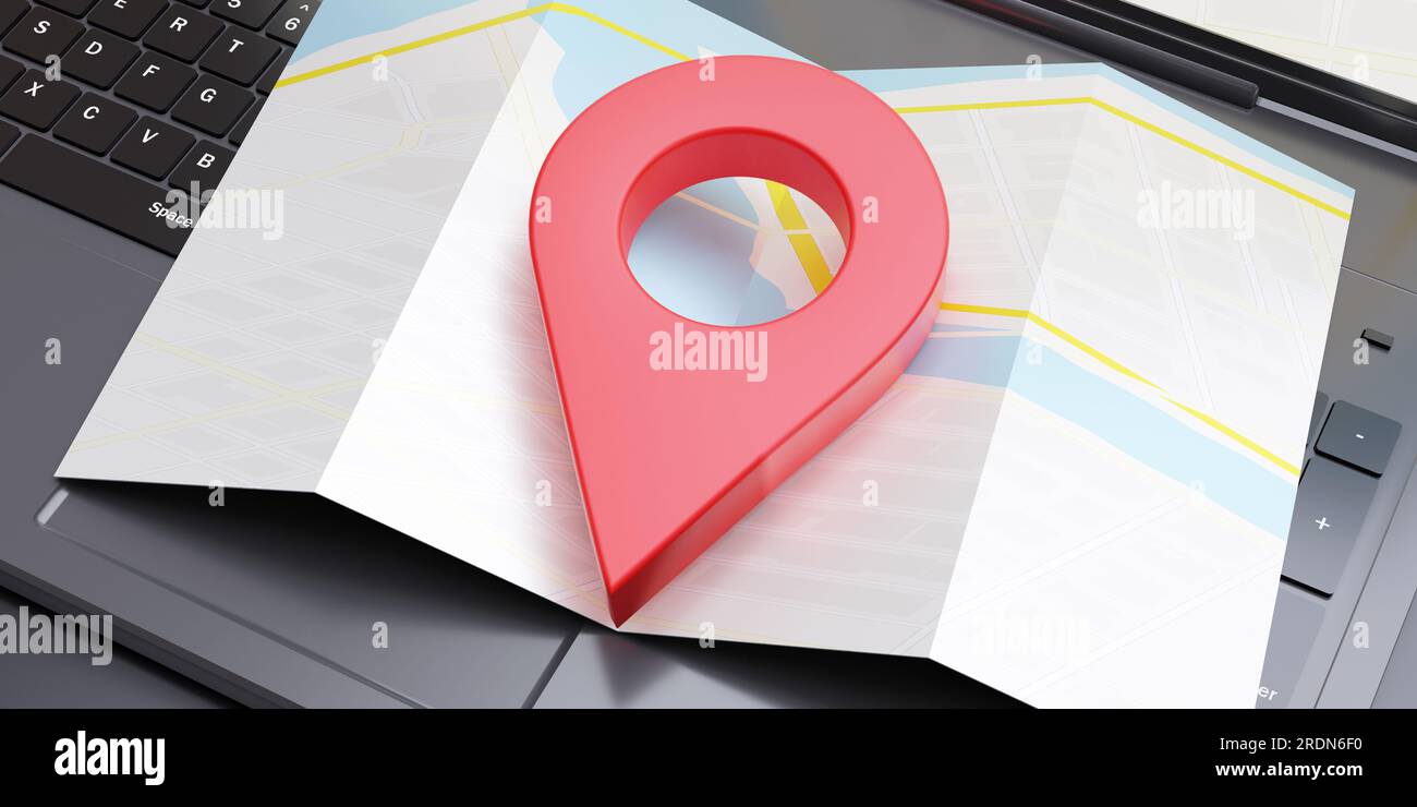 Red map pointer icon on black computer keyboard. Online travel ...