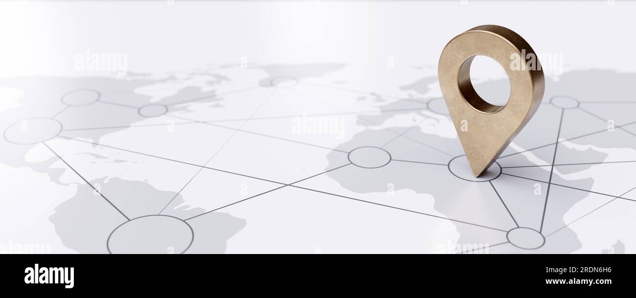 World Map and gold pin pointer location, Travel navigation and