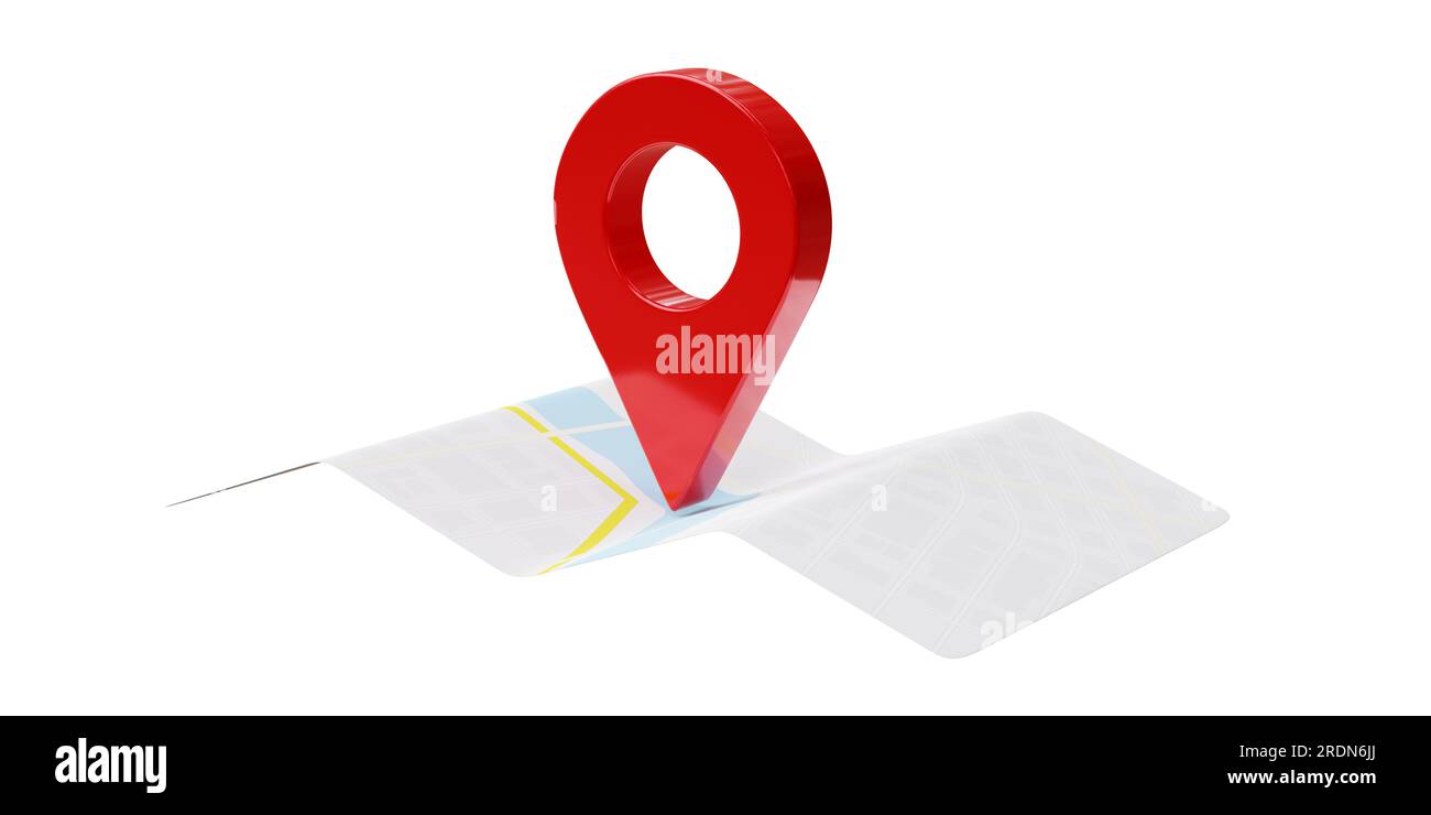 Map and red pin pointer location isolated on white. Travel navigation GPS concept. 3d render Stock Photo