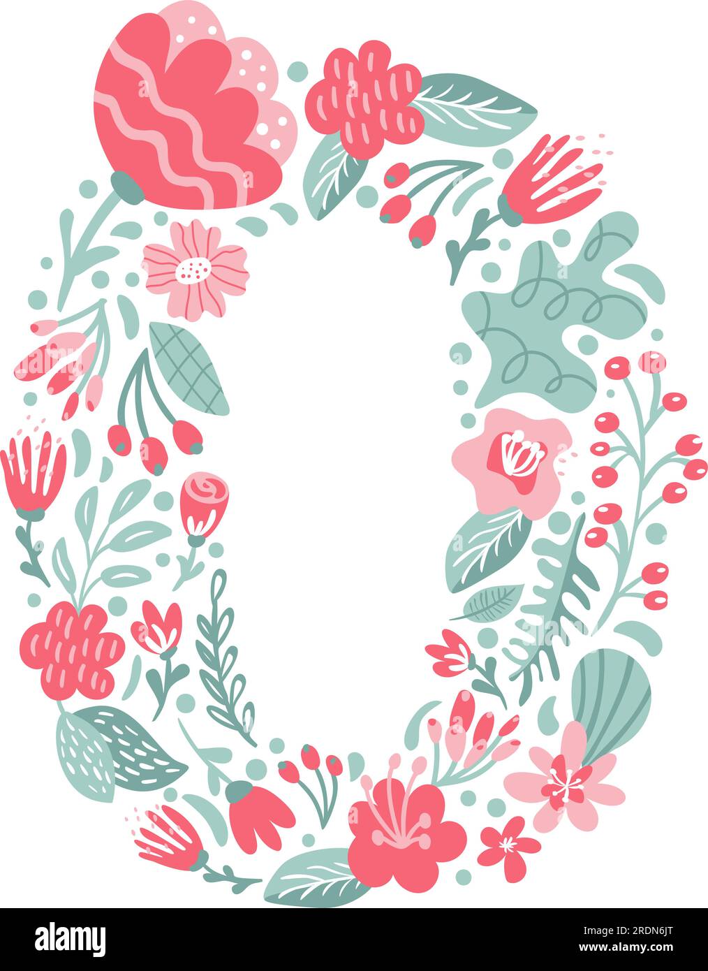 Vector Hand Drawn Font Number 0 zero with Flowers and Branches Blossom Spring. Floral alphabet Typography Summer letter monogram or Logo Design Stock Vector