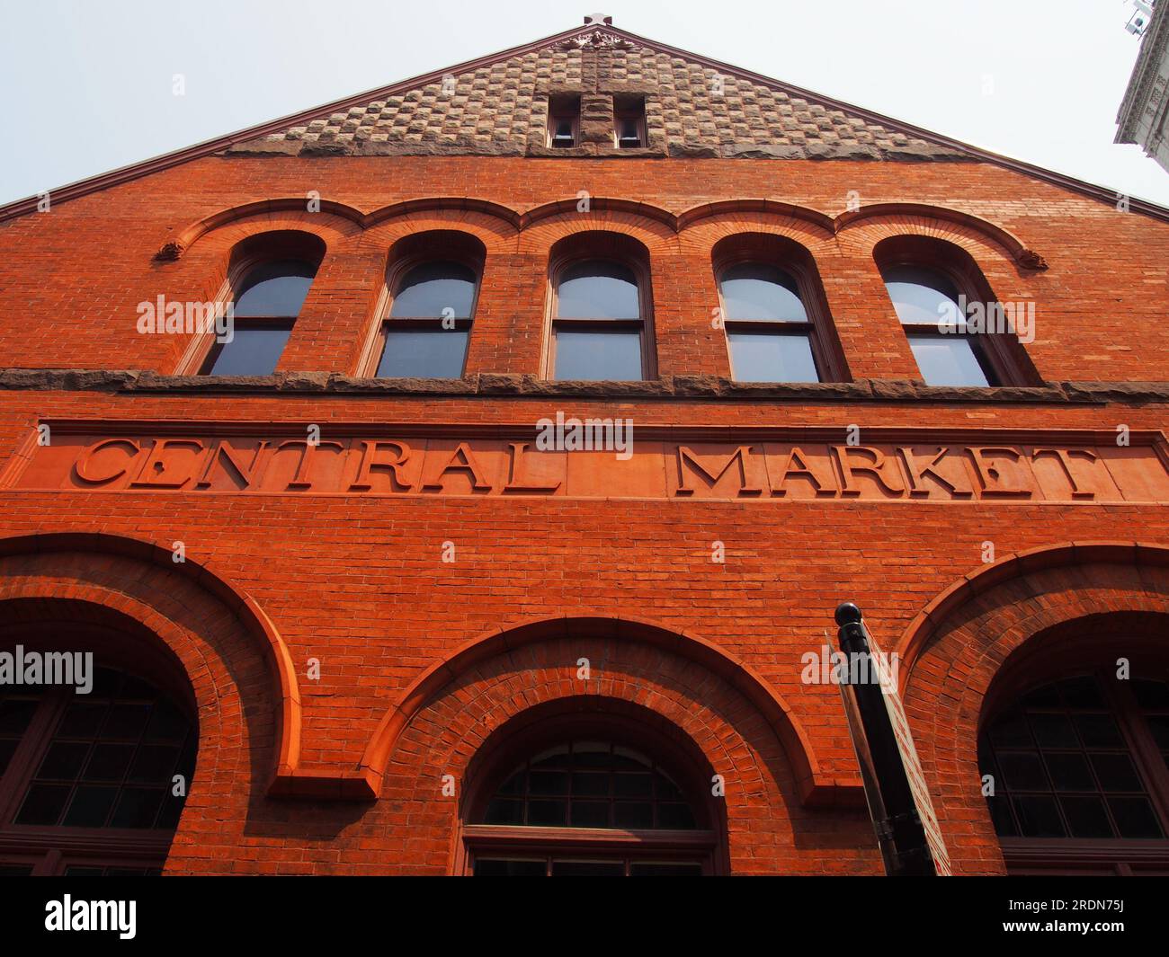 Low angle view of Central Market building in Lancaster, Pennsylvania, June 5, 2023, © Katharine