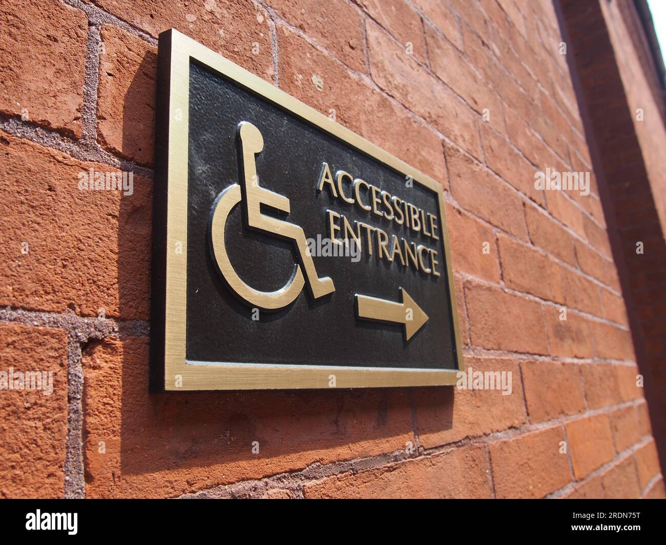 Accessible entrance sign on Central Market building in Lancaster, Pennsylvania, June 5, 2023, © Katharine Andriotis Stock Photo