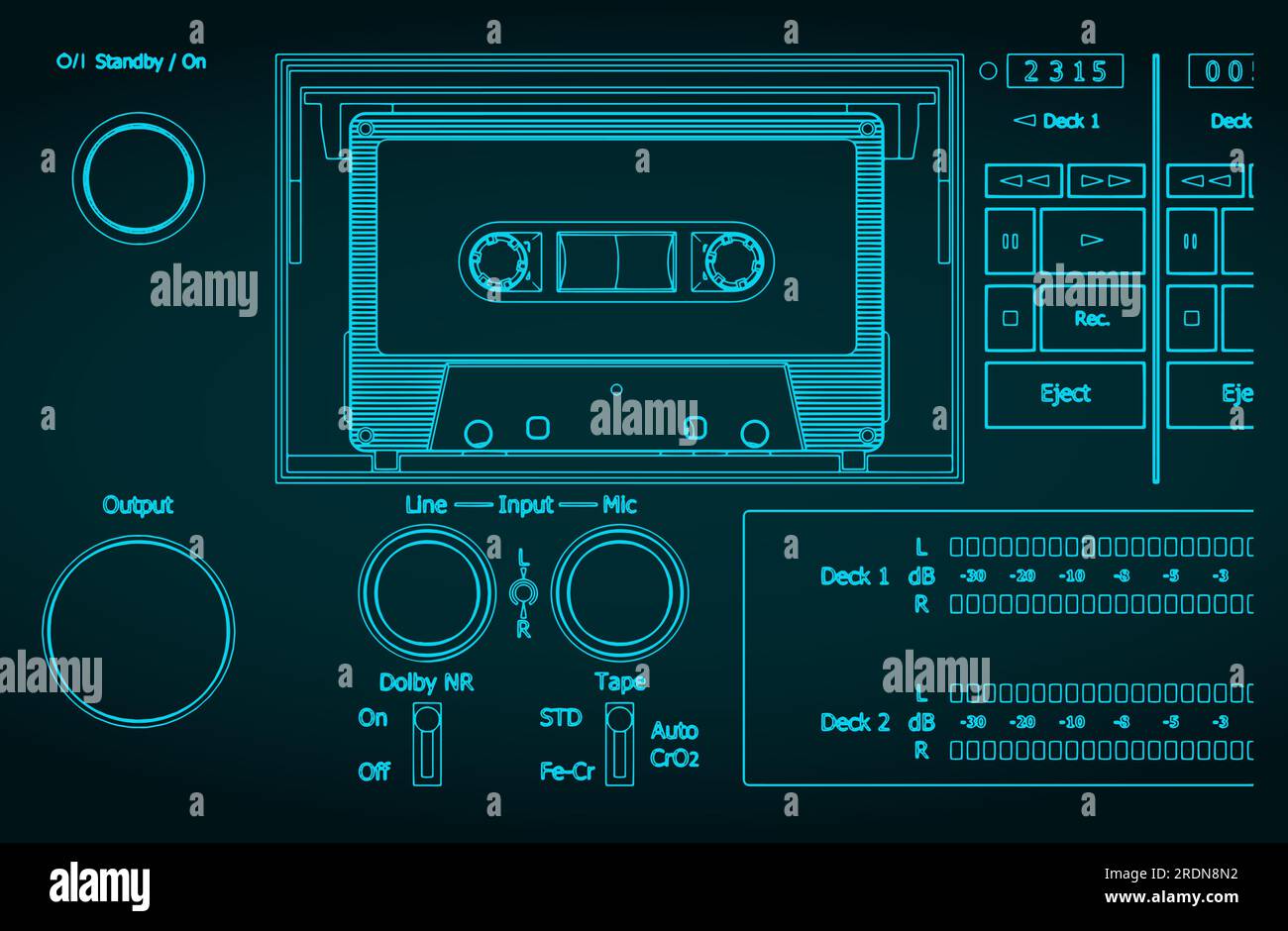 Stylized vector illustration of blueprint of a cassette deck of a tape