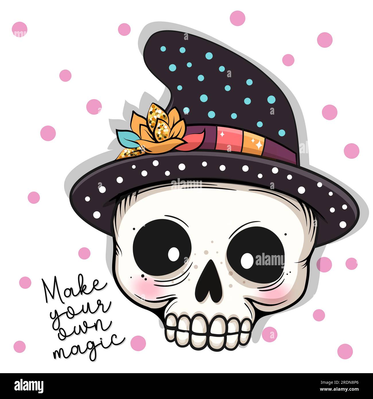 Cute cartoon skull in hat. Halloween party. Vector illustration. Stock Vector