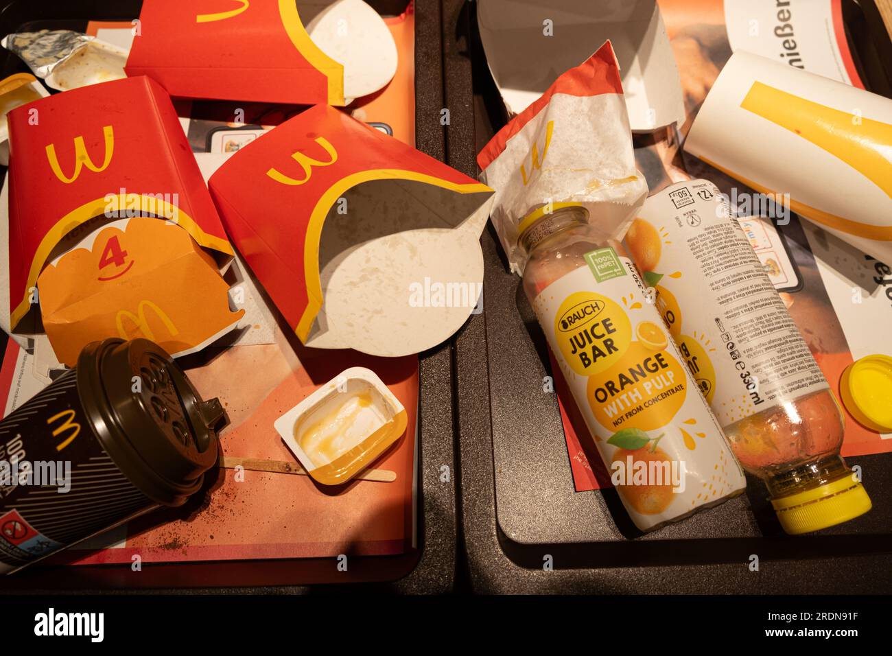 Garbage after eating McDonald's food, paper and plastic recyclable and