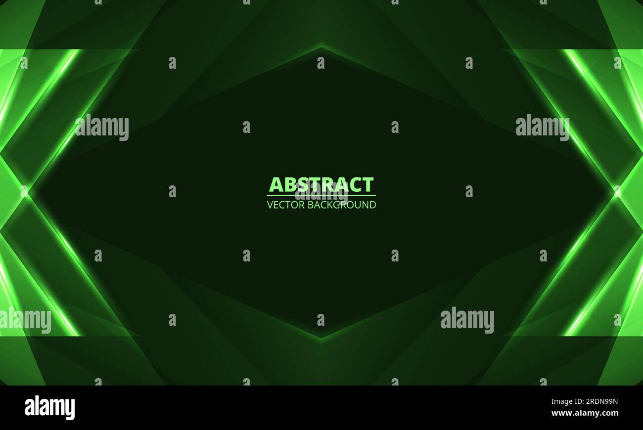 Dark green background with geometric abstract green glowing frame ...