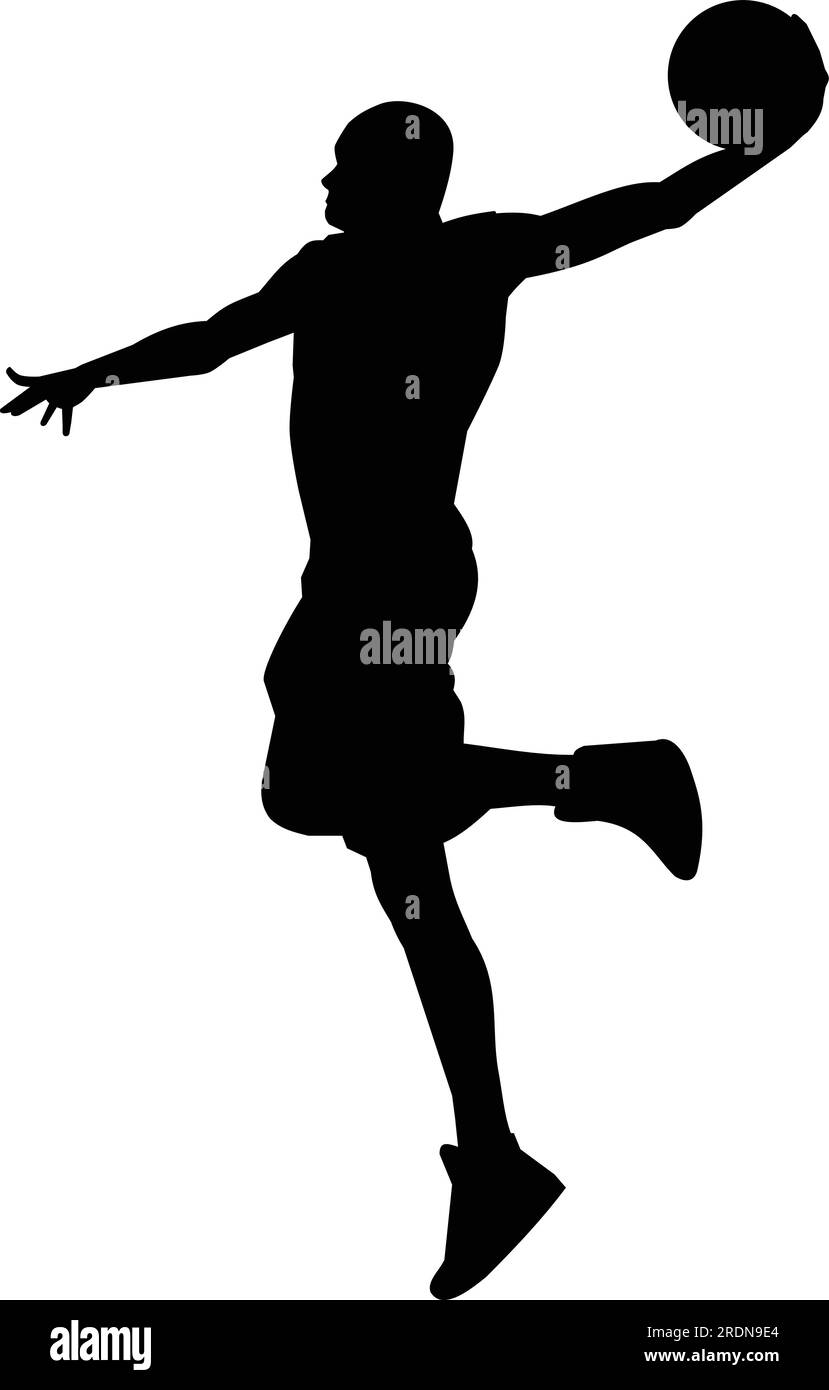 Black silhouette man basketball player slam dunking basketball Stock Vector