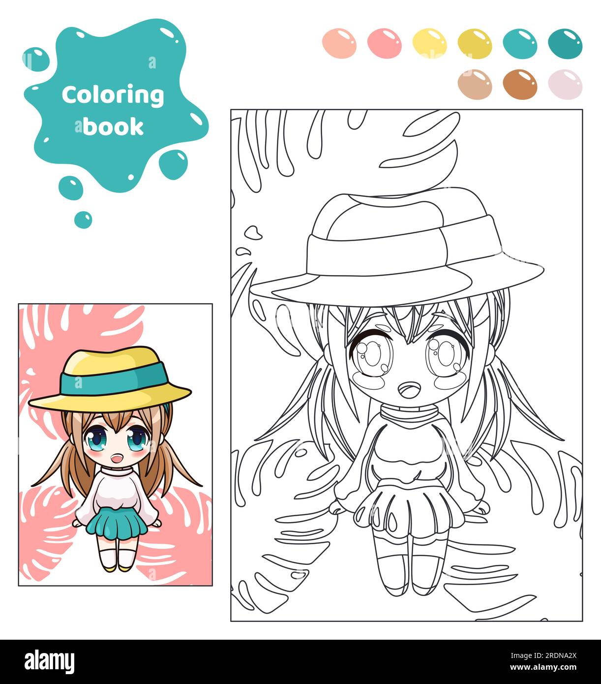 Coloring book for kids. Anime girl in a hat. Stock Vector