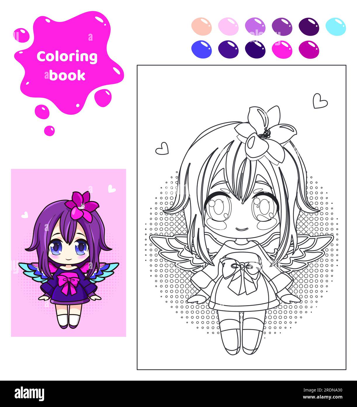 Coloring book for kids. Anime girl with wings. Stock Vector