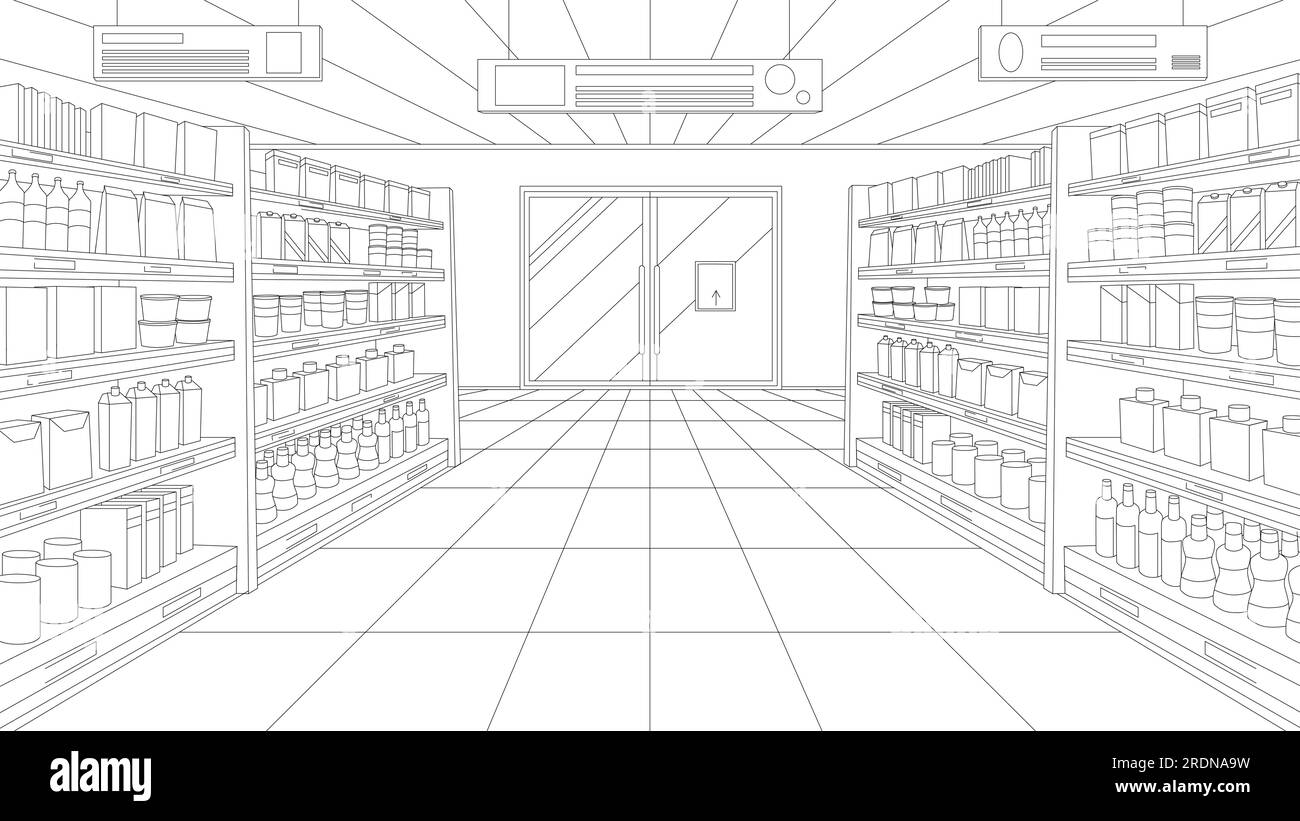 Supermarket or grocery store aisle, perspective sketch of interior vector illustration. Abstract black line retail shop inside, hypermarket shelves full of food products and variety of packages Stock Vector