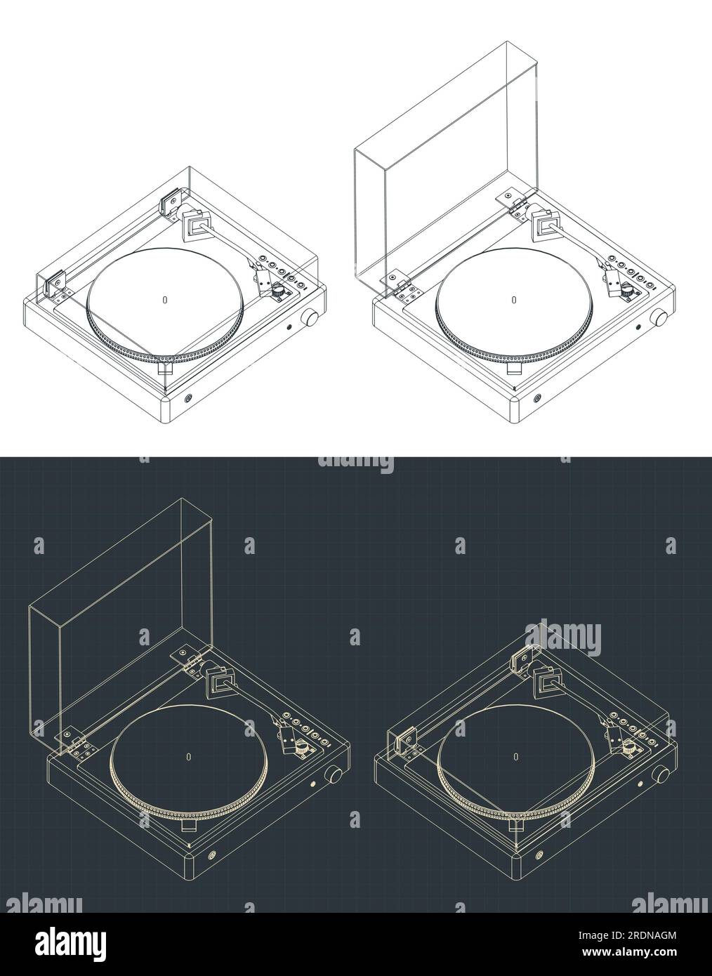 Stylized vector illustration of isometric blueprints of turntable vinyl ...