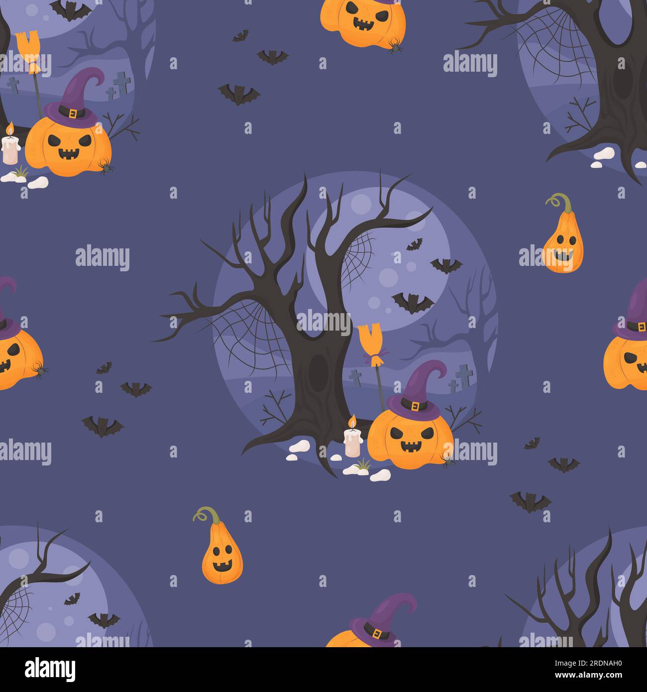 Halloween Seamless pattern with pumpkin jack lantern in witch hat in night spooky forest cemetery with moon on blue background with bats. Vector illus Stock Vector