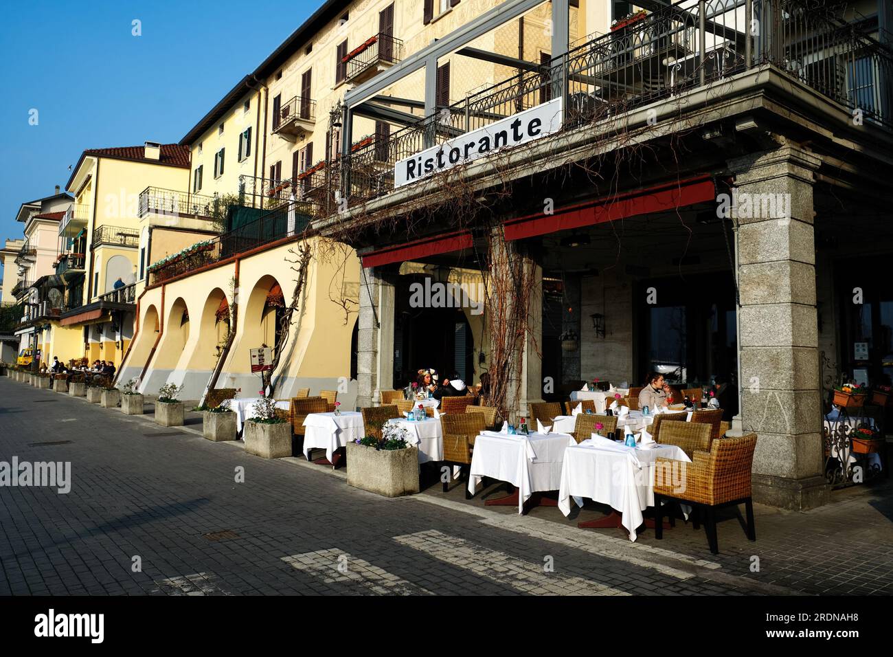 Bellagio, Lombardy, Italy - February 18, 2022. Picturesque traditional colorful street view in Bellagio on the shore of the Como Lake, Lombardy, Italy Stock Photo