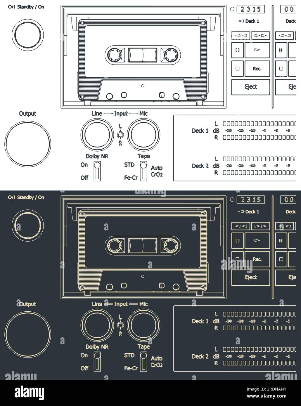 Stylized vector illustration of drawings of a cassette deck of a tape
