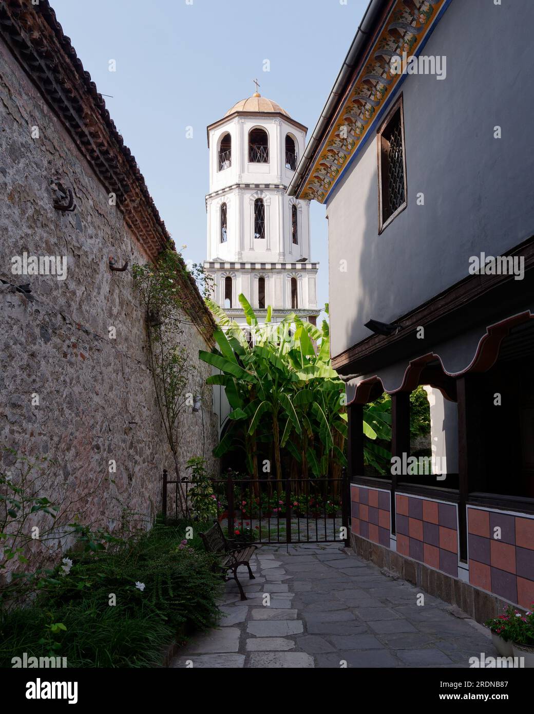 Looking towards the The Church of St Constantine and Helena, Old Town in Plovdiv, Bulgaria; the oldest city in Europe. Stock Photo