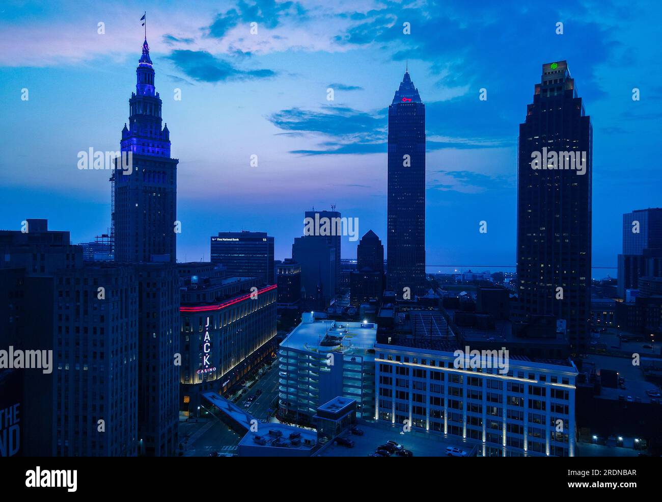 Aerial Photo of Cleveland Ohio City Downtown Skyline at Night Stock Photo