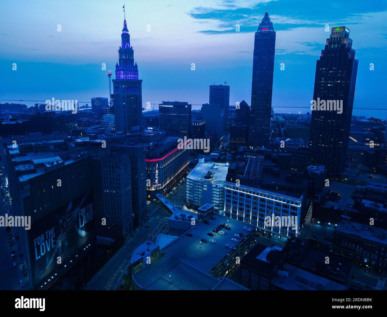 Aerial Photo of Cleveland Ohio City Downtown Skyline Lit Up at Night Stock Photo