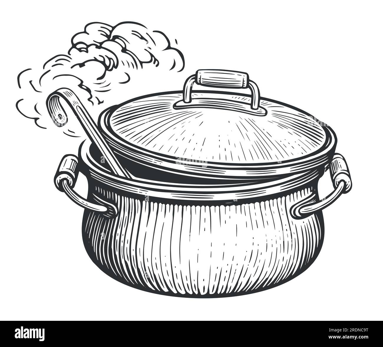 Cooking food. Kitchen pot with lid and ladle. Sketch vintage vector