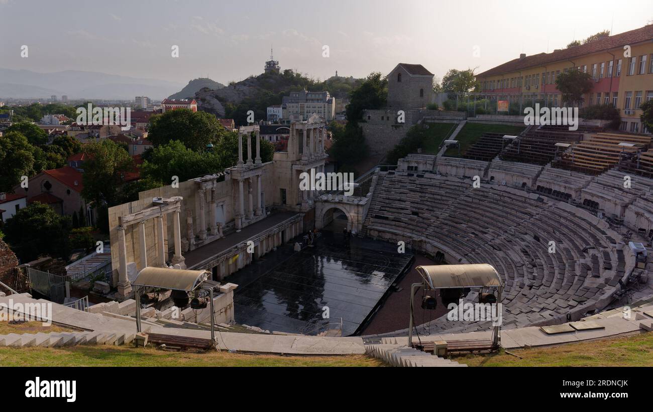 Roman era Theatre of Philippopolis in Plovdiv, Bulgaria, the oldest city in Europe. Currently used as an arena for performances and concerts Stock Photo