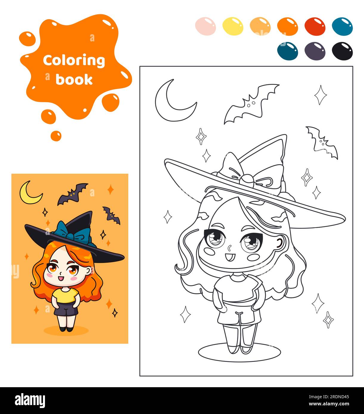 Coloring book for kids. Anime girl with hat and bats. Stock Vector