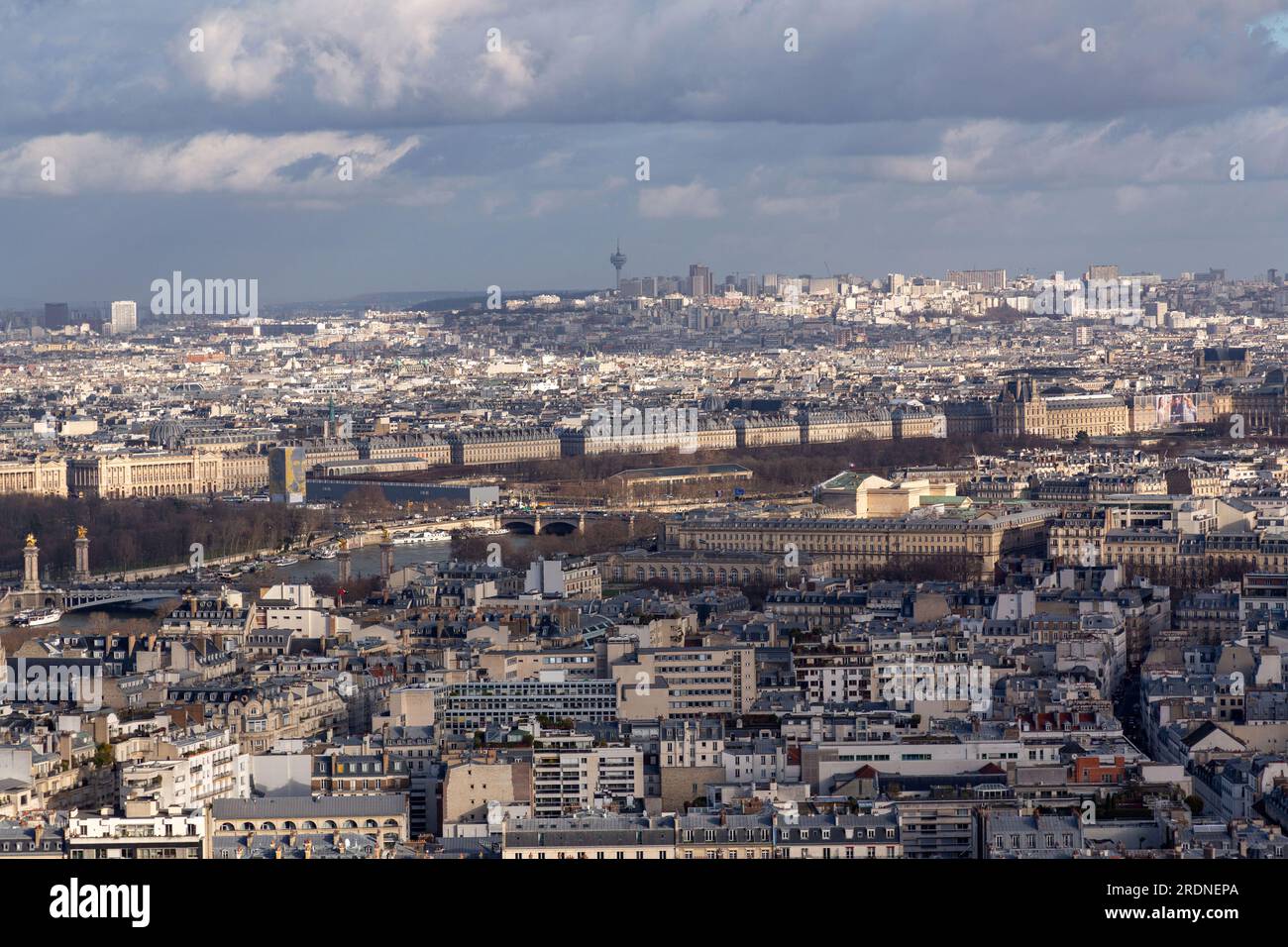 Paris, France - January 20 2022: Aerial view of Paris, the French capital from the top of the Eiffel Tower. Stock Photo