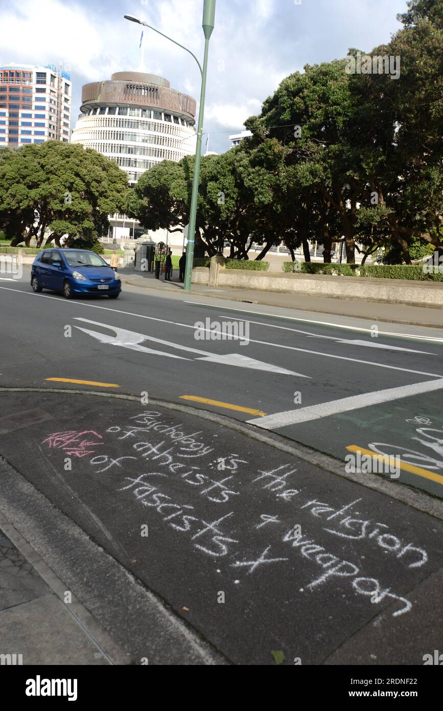 WELLINGTON, NEW ZEALAND, MAY 15, 2023:A chalk message written on the pavement near New Zealand's parliament house in Wellington Stock Photo
