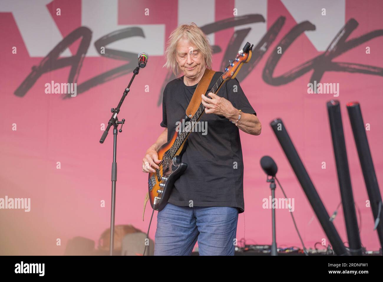 Berlin, Germany.July 22, 2023. The newly formed band, Ton Steine Scherben with with Bass Player Kai Sichtermann, performs at the 45th CSD Pride Finale, Christopher Street Day in Berlin. Stock Photo