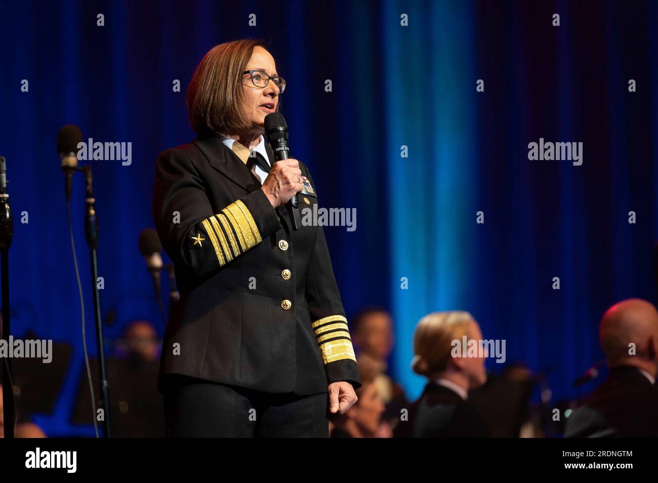Washington, United States. 07 October, 2022. U.S. Vice Chief Naval Operations Adm. Lisa Franchetti delivers opening remarks during a concert in celebration of the Navy 247th Birthday celebration, October 7, 2022 in Washington, D.C. President Joe Biden has nominated Franchetti to lead the Navy, as the first woman to be a U.S. military service chief.  Credit: PO Jonathan Barnes/US Navy/Alamy Live News Stock Photo