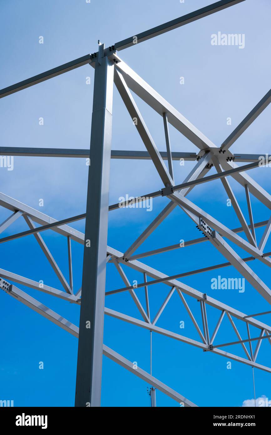 White painted steel beams and girders of a warehouse under construction