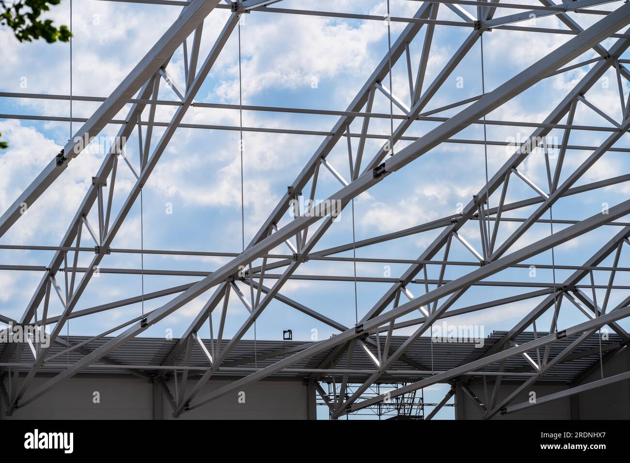 White painted steel beams and girders of a warehouse under construction
