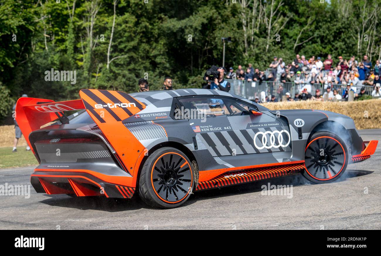 Goodwood, UK. 16th July, 2023. Audi S1 Hoonitron arrives at the top paddock at Goodwood Festival of Speed at at Goodwood Circuit, Goodwood, UK on 16 July 2023. Photo by Phil Hutchinson. Editorial use only, license required for commercial use. No use in betting, games or a single club/league/player publications. Credit: UK Sports Pics Ltd/Alamy Live News Stock Photo