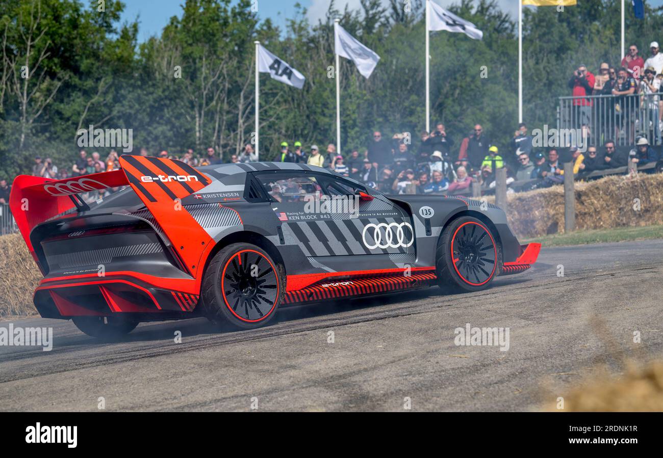 Goodwood, UK. 16th July, 2023. Audi S1 Hoonitron arrives at the top paddock at Goodwood Festival of Speed at at Goodwood Circuit, Goodwood, UK on 16 July 2023. Photo by Phil Hutchinson. Editorial use only, license required for commercial use. No use in betting, games or a single club/league/player publications. Credit: UK Sports Pics Ltd/Alamy Live News Stock Photo