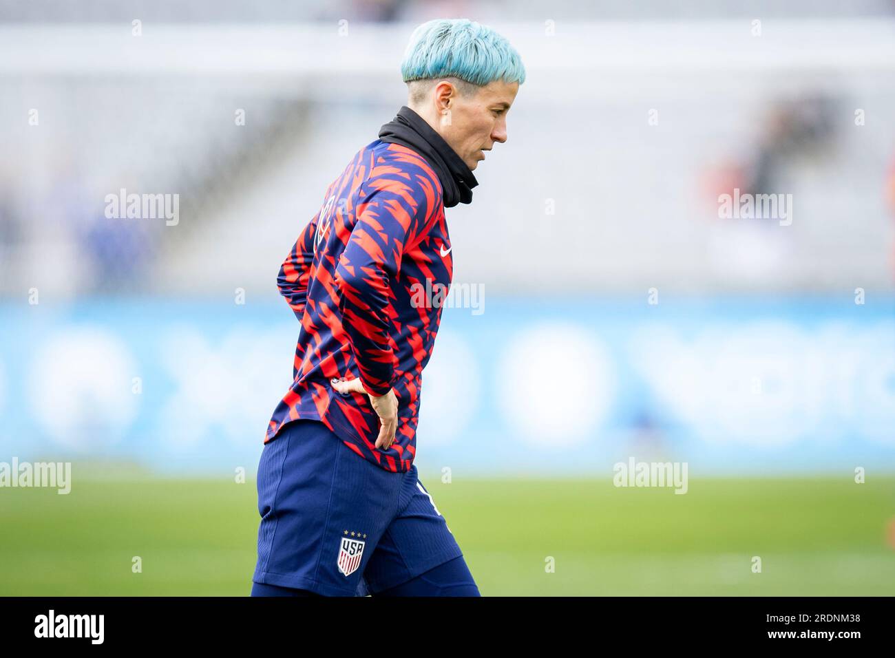 United States' Megan Rapinoe warms up before the Women's World Cup Group E  soccer match between the United States and Vietnam at Eden Park in  Auckland, New Zealand, Saturday, July 22, 2023. (