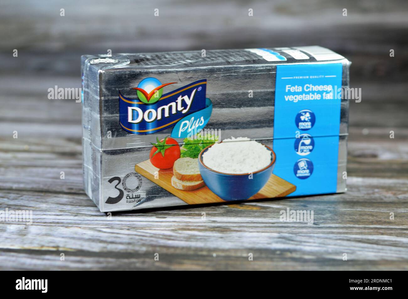 Cairo, Egypt, July 9 2023 Domty feta cheese plus, produced using pasteurized cow and buffalo