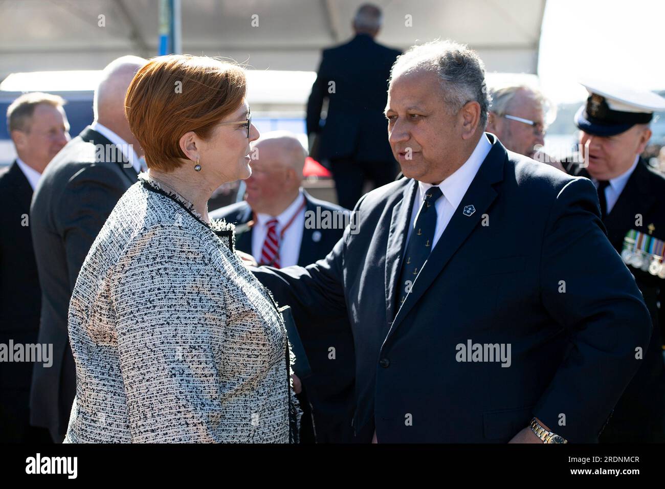 Sydney, Australia. 22nd July, 2023. U.S Secretary of the Navy Carlos Del Toro, right, speaks with Australian Senator Marise Payne at the conclusion of the commissioning ceremony for the Independence-variant littoral combat ship USS Canberra, July 22, 2023 in Sydney, Australia. Credit: EJ Hersom/U.S Navy Photo/Alamy Live News Stock Photo