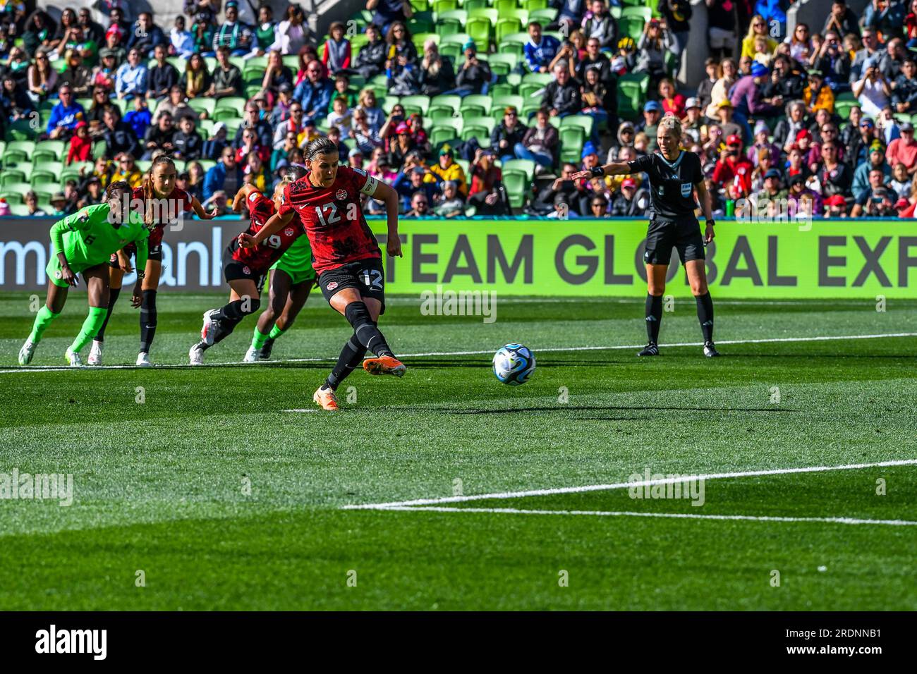 Christine Sinclair (No.12) of Canada in action n during the FIFA Women's World Cup 2023 match between Nigeria and Canada at the Melbourne Rectangular Stadium. Final score Nigeria 0:0 Canada Stock Photo