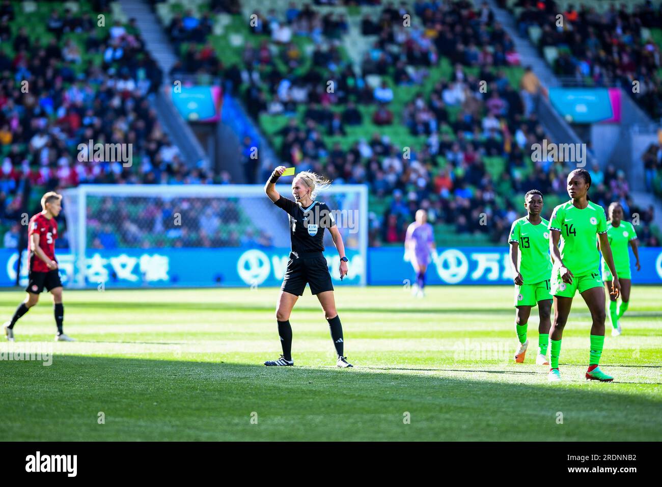 Referee Lina Lehtovaara displays a yellow card during the FIFA Womens World Cup 2023 match between Nigeria and Canada at the Melbourne Rectangular Stadium