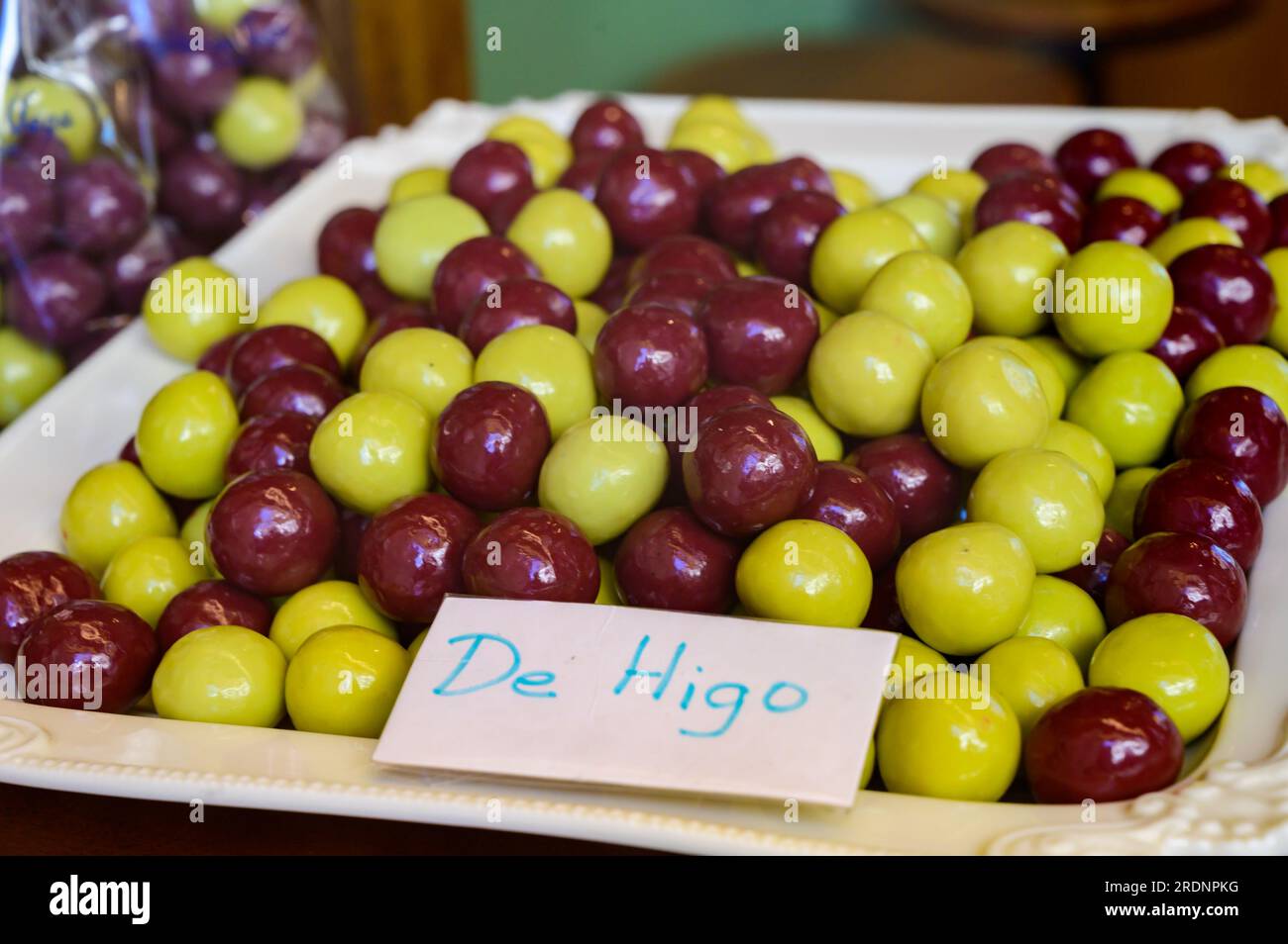Sweet fruit candy beads in artisan Spanish confectionery shop, english