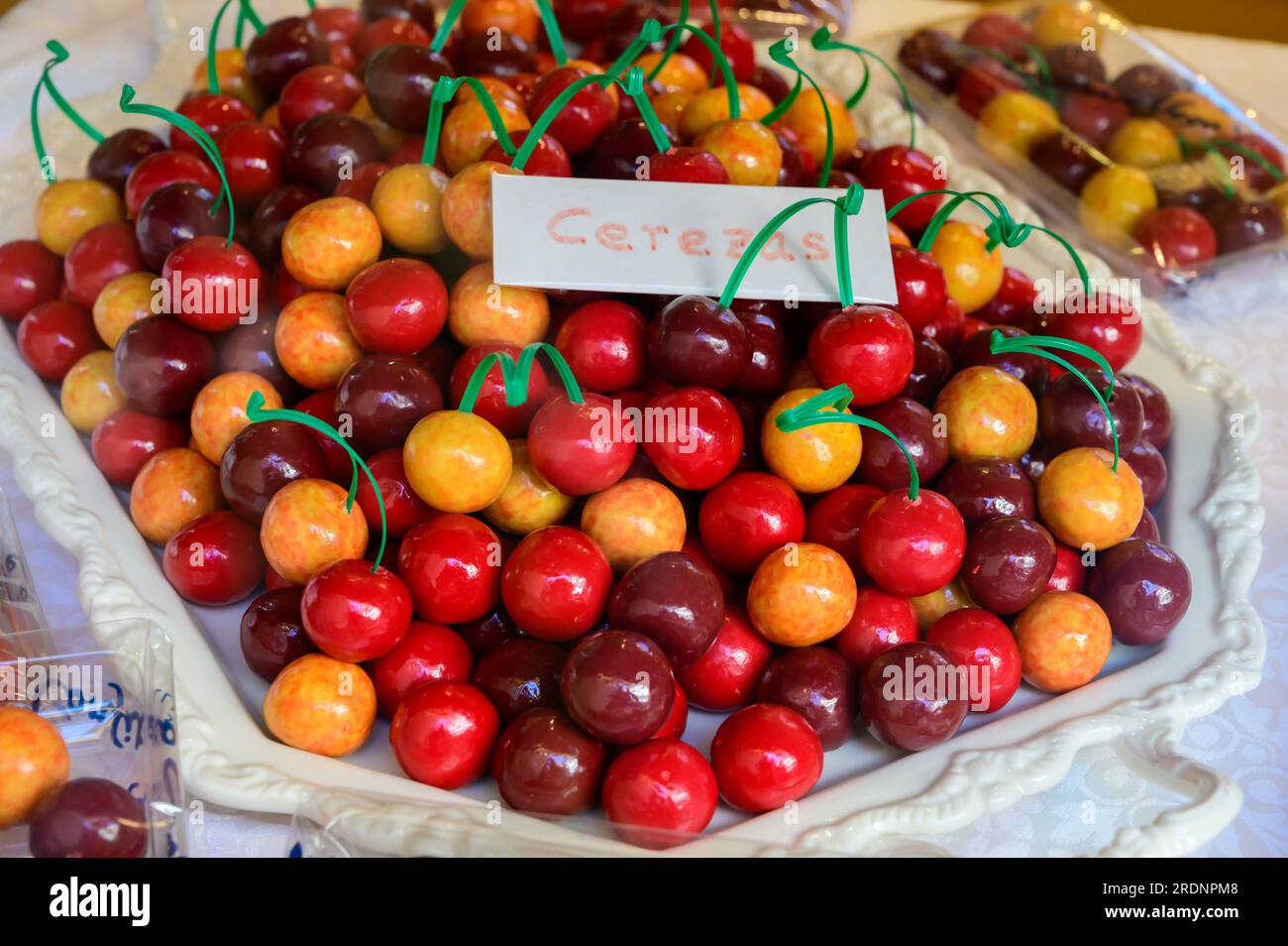 Sweet fruit candy beads in artisan Spanish confectionery shop, english