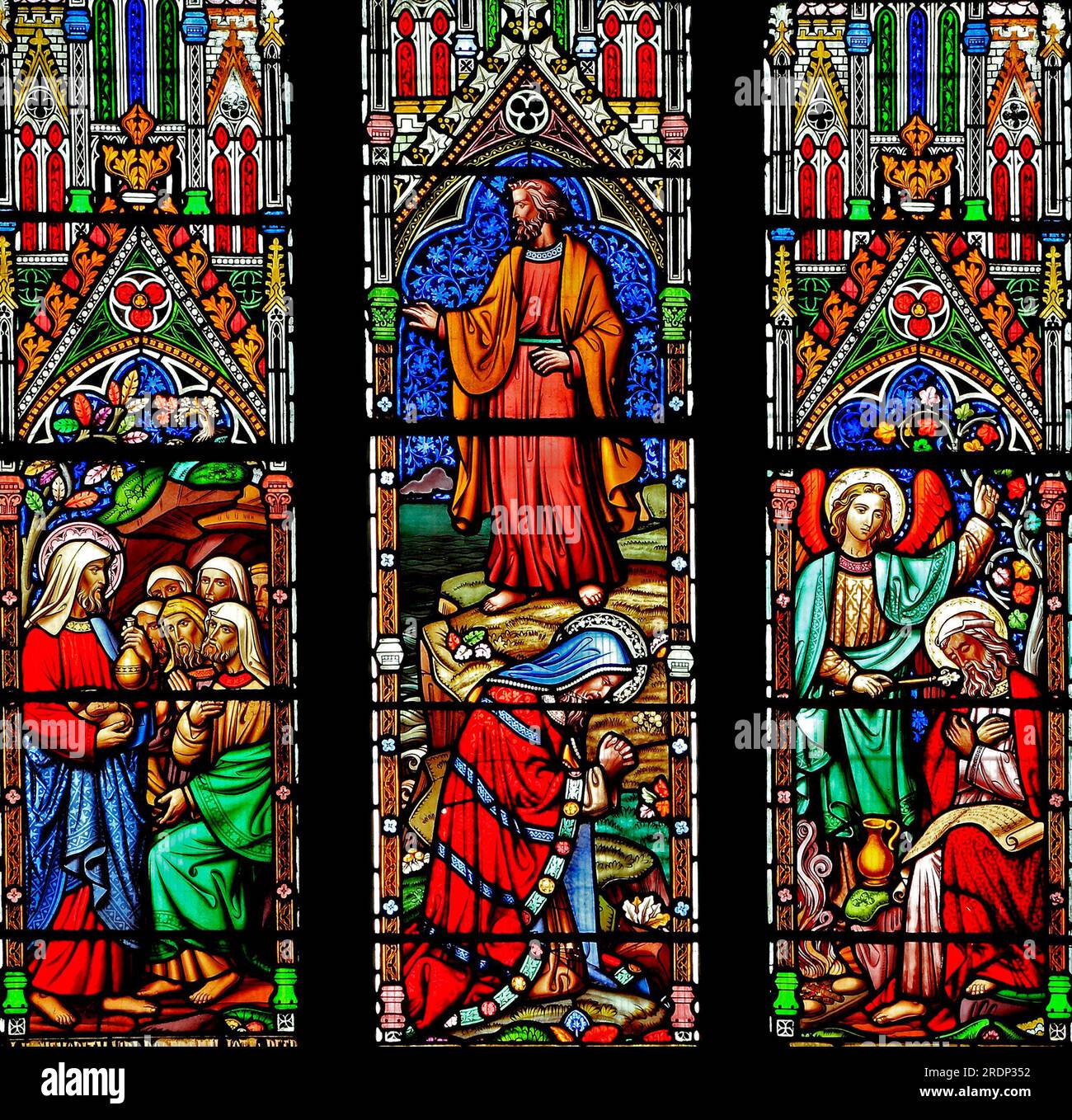 Stained glass window, Obadiah brings bread, Elijah with servant , and Elijah with angel, by William Wailes, mid 19th century, Ely Cathedral Stock Photo
