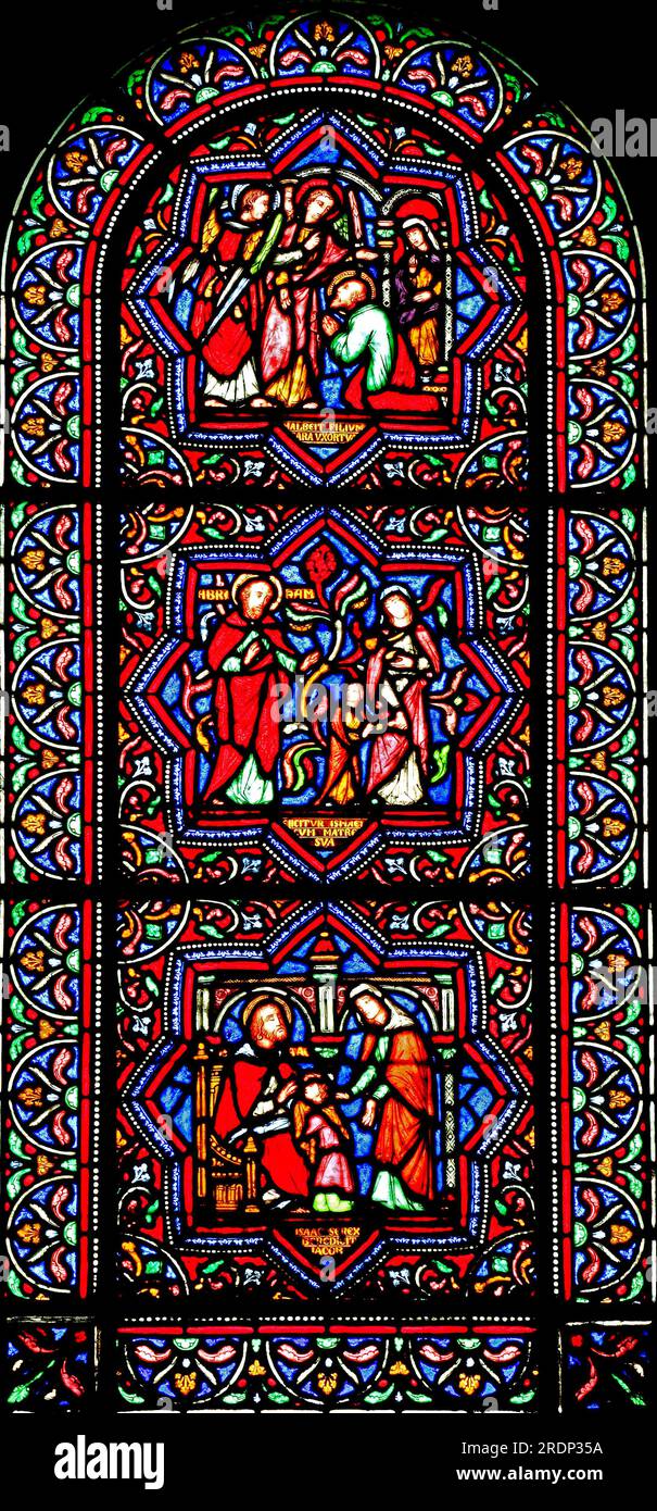 Stained glass window, Old Testament scenes, Abraham, Hagar, Isaac and Jacob, by Gibbs, Ely Cathedral, Cambridgeshire, England Stock Photo
