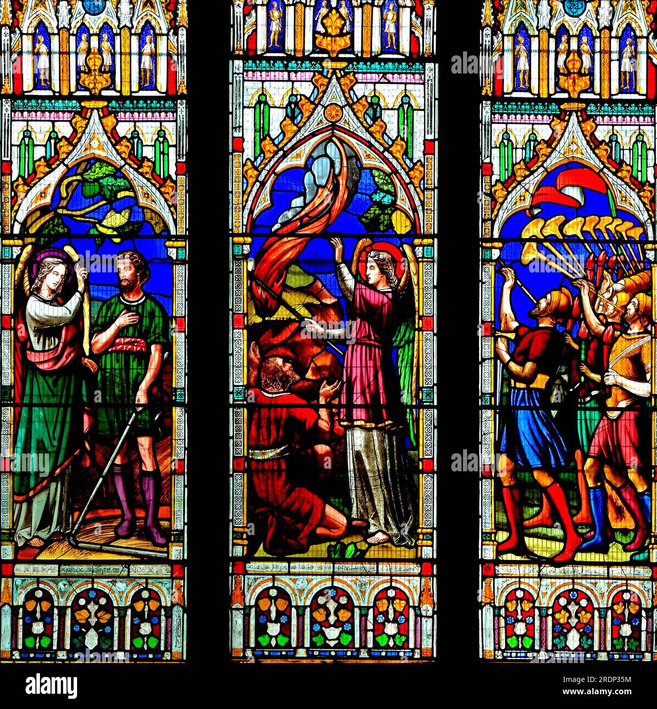 Stained Glass window, story of Gideon, with angel, food consumed by fire, army with Trumpets, by