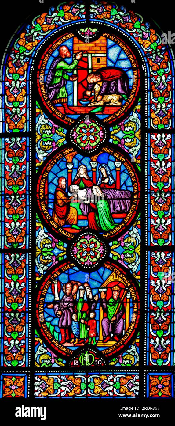 Stained Glass, story of The Exodus, Passover Lamb, death of the Firstborn, by Howes, 1850, Ely Cathedral, Old Testament Stock Photo