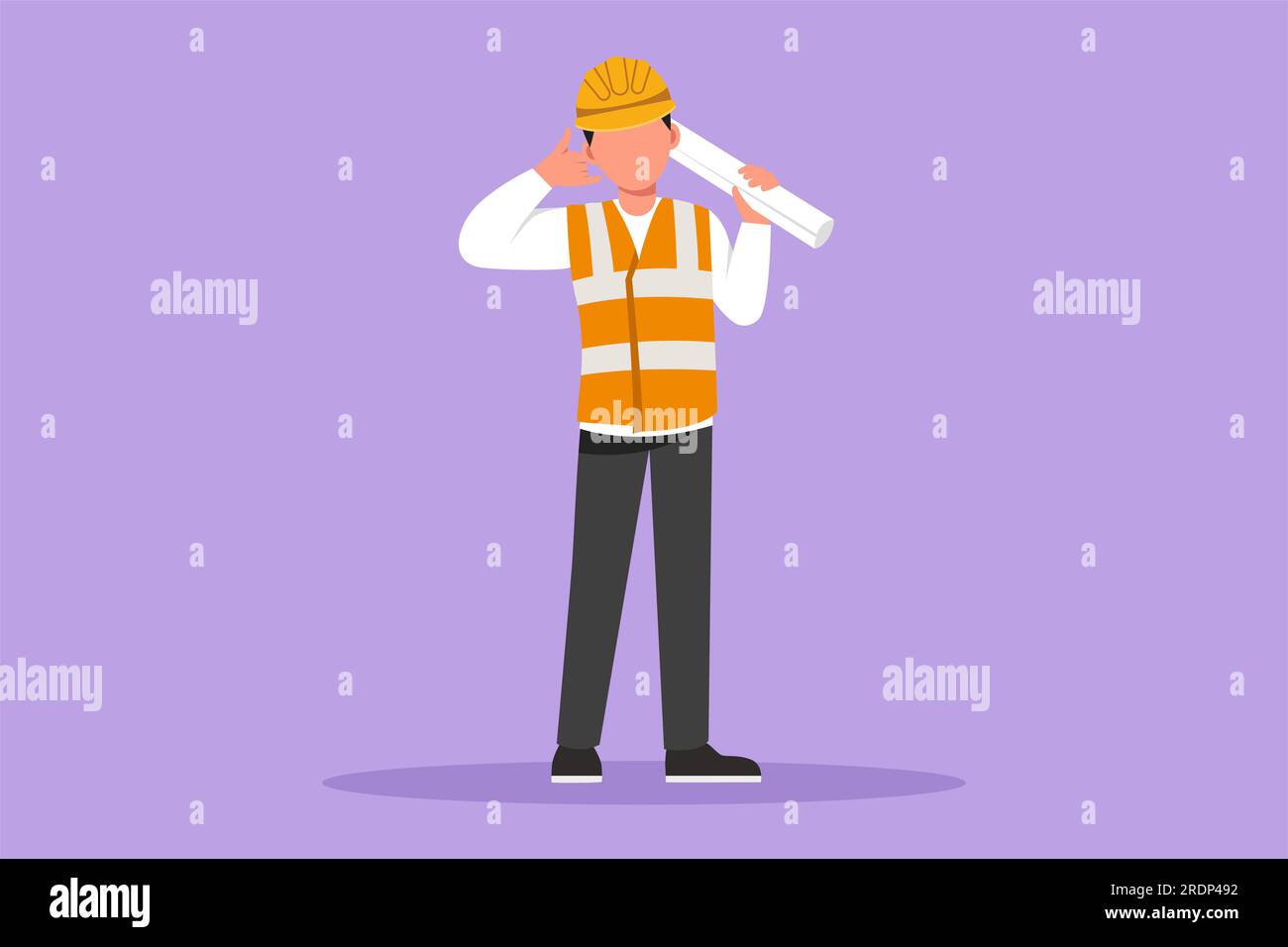 Character flat drawing smart male architect standing holding roll of paper work with call me gesture and wearing helmet carrying blueprint for buildin Stock Photo